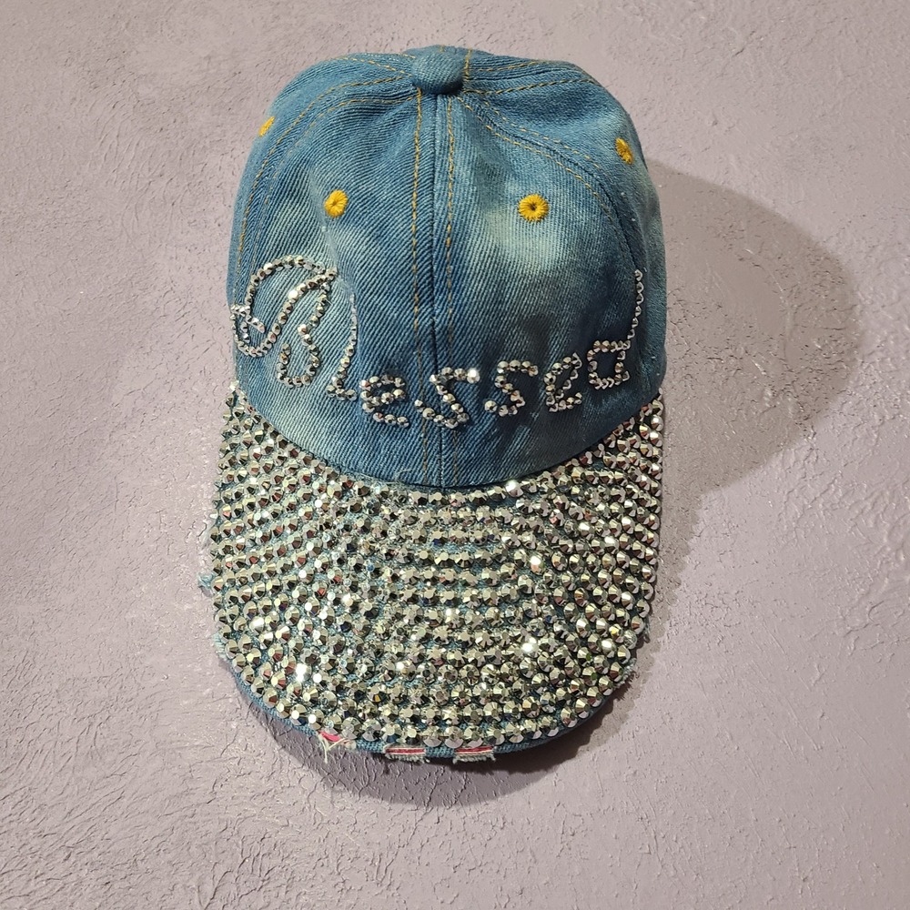 Popfizzy Denim Distressed BLESSED Adjustable Baseball Cap Rhinestone‎ Bling